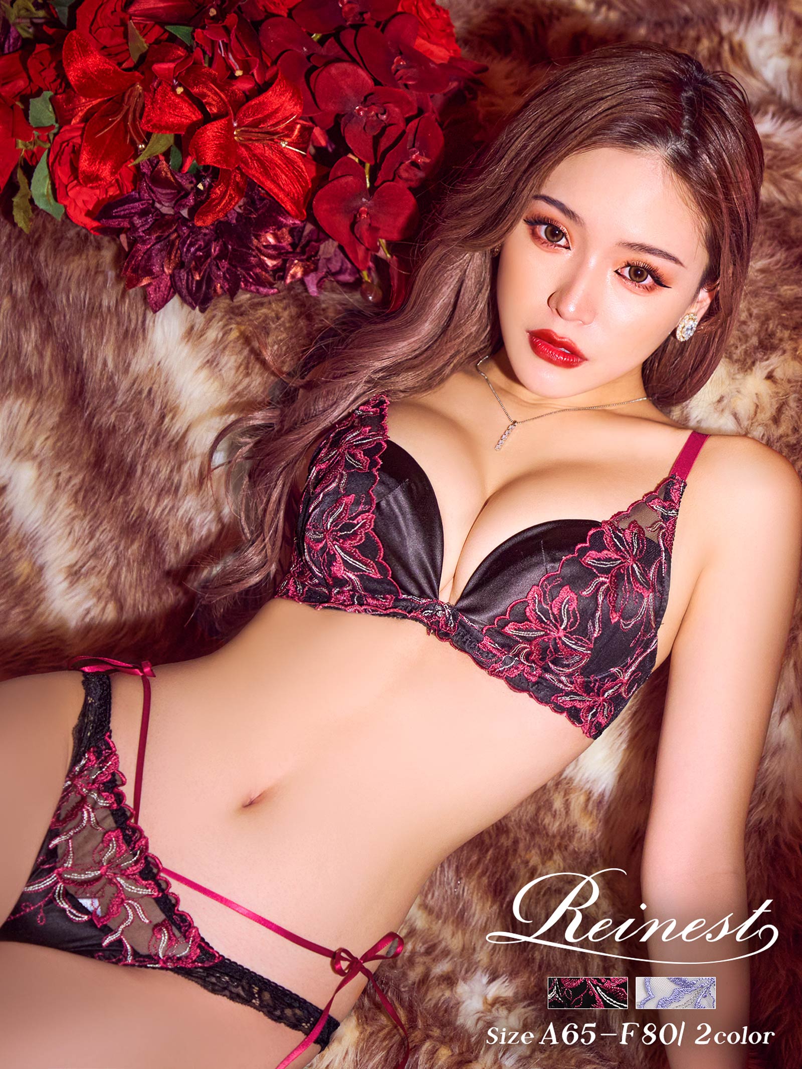 アドラーブルフラワーブラジャー&サイド紐バック透けフルバックショーツ