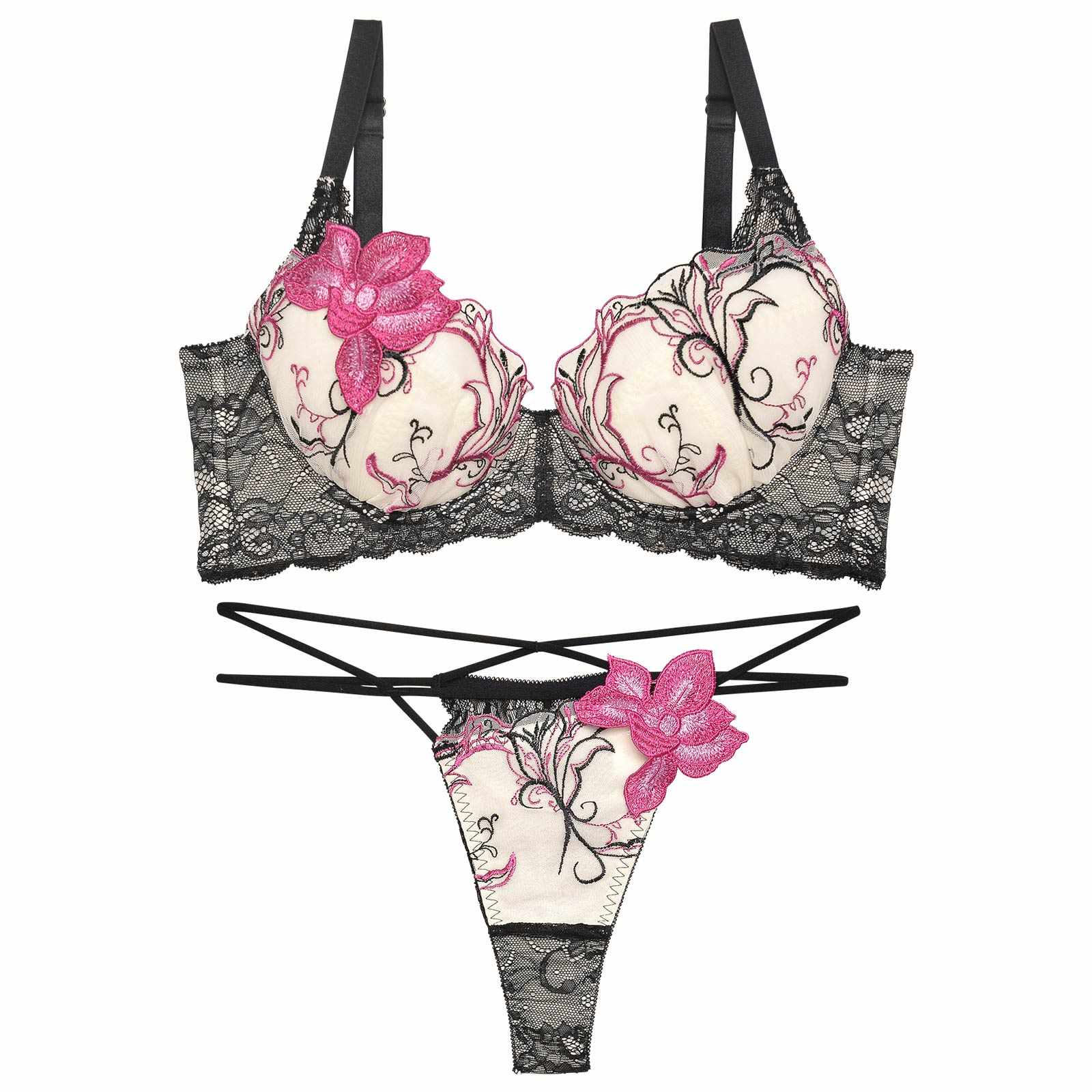 11/20再販!ルミナスペタルエンブロイダリー育乳脇高★魔法のブラジャー&バック透けTバックショーツ
