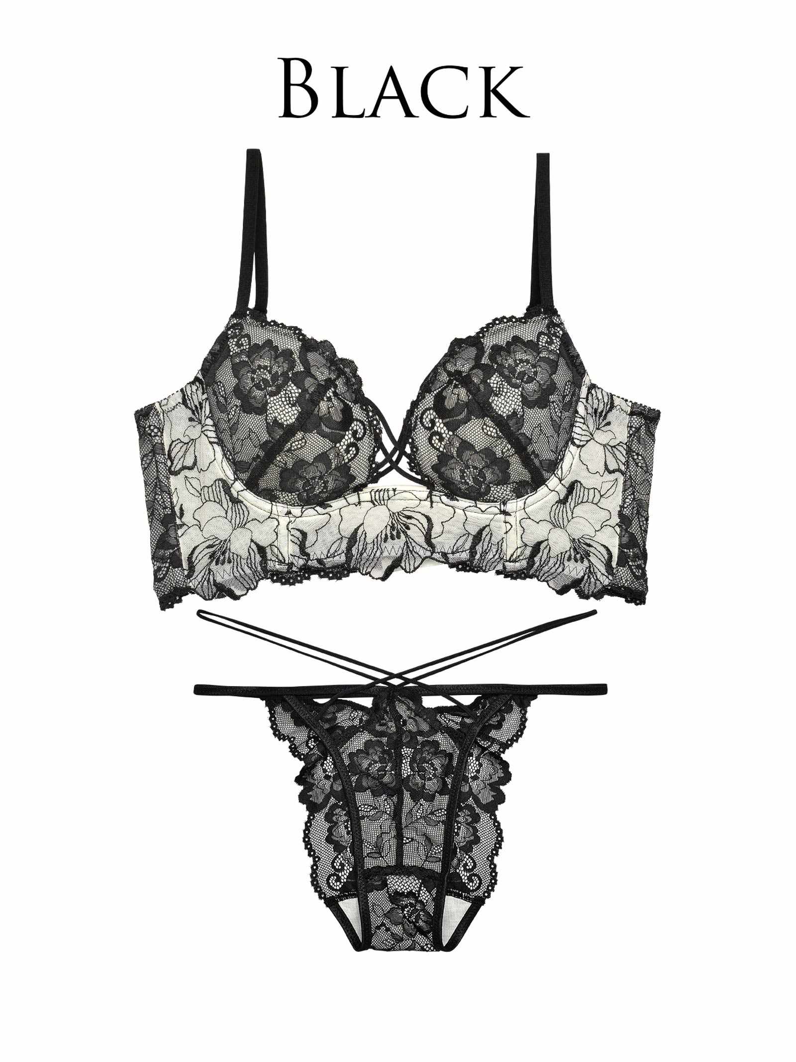 【Reinest】ストリングビスチェフラワーブラジャー&バック透けフルバックショーツ