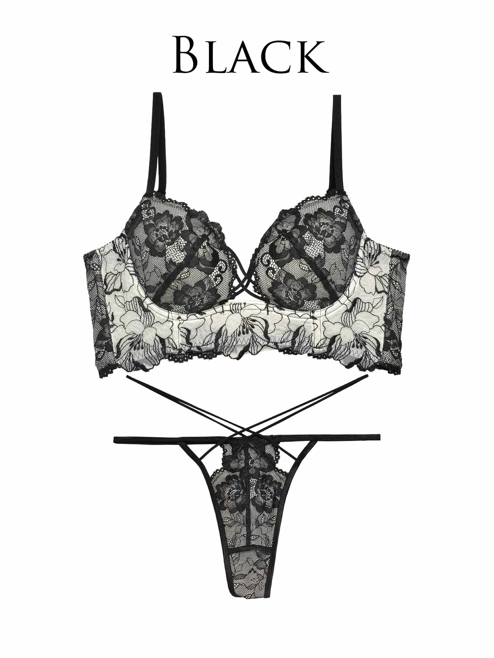 【Reinest】ストリングビスチェフラワーブラジャー&バック透けTバックショーツ