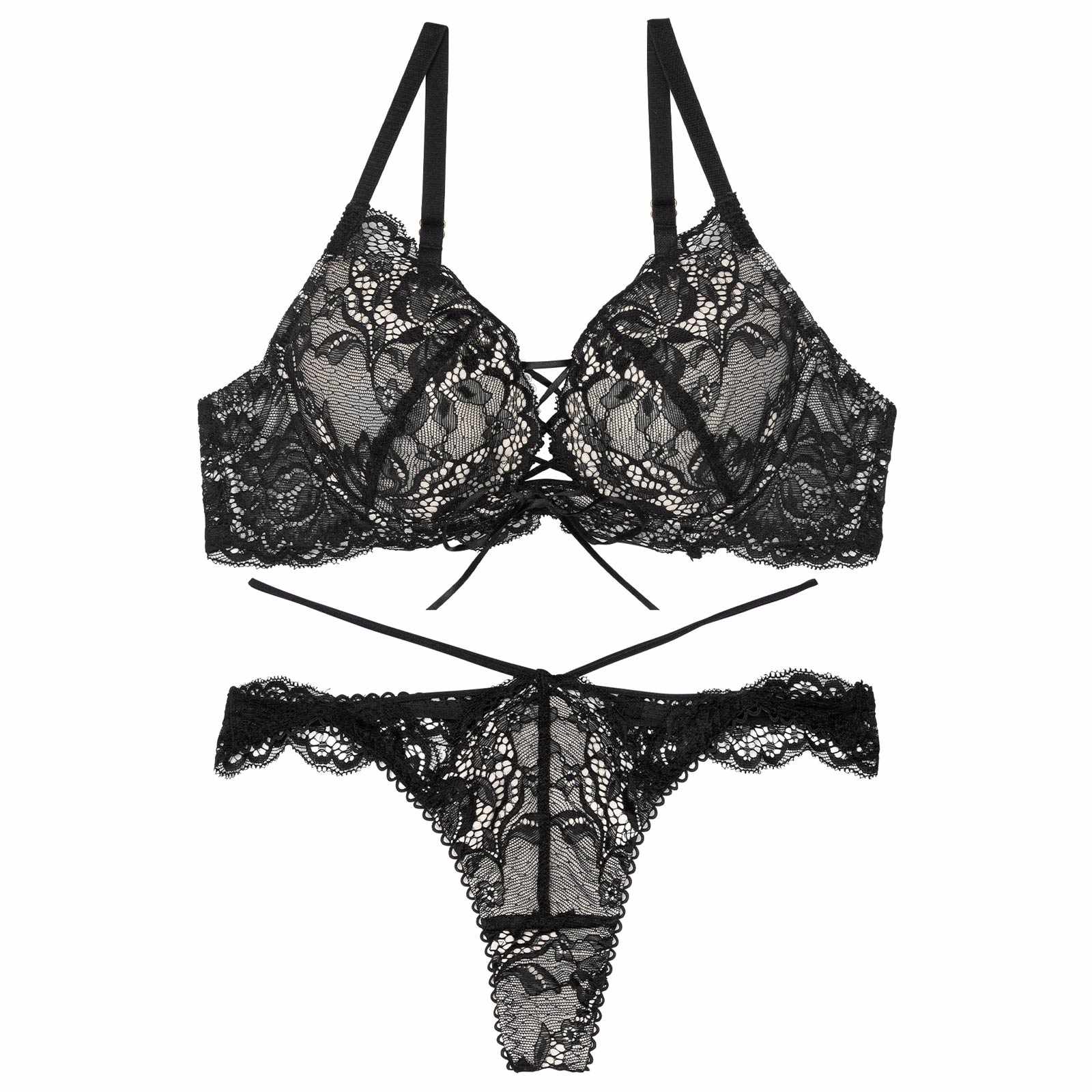 12/25再販!リュクスカットレースアップブラジャー&バック透けTバックショーツ