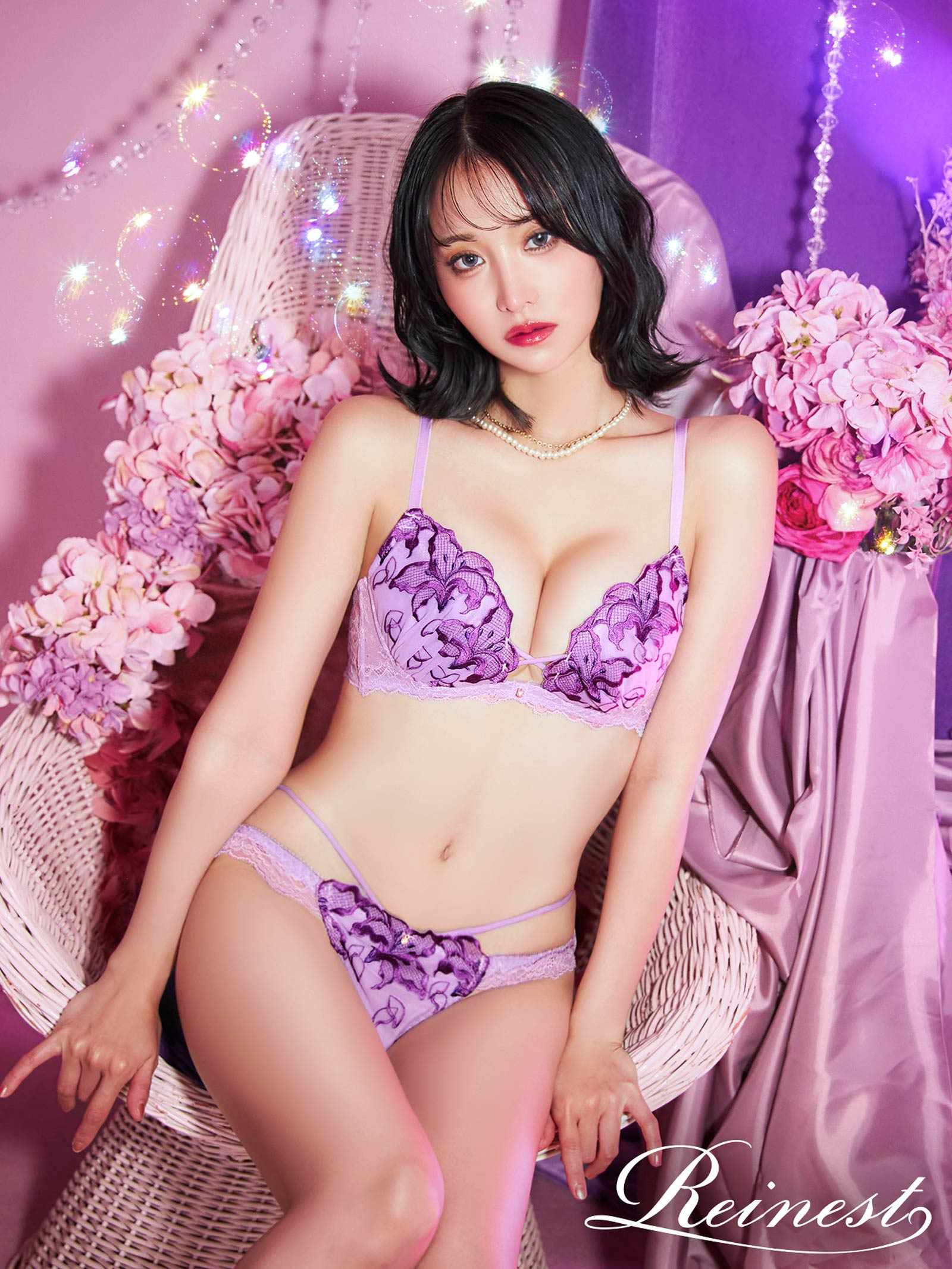 6/25新作!!【永尾まりや着用】【Reinest】ノクターンブルームリリーブラジャー&バック透けTバックショーツ