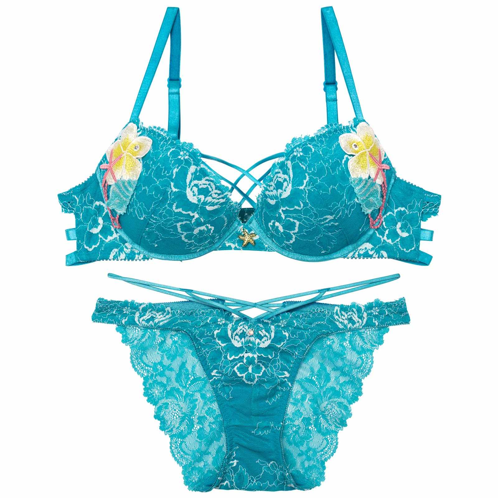 9/9再販!アクアオーシャンプルメリアブラジャー&バック透けフルバックショーツ