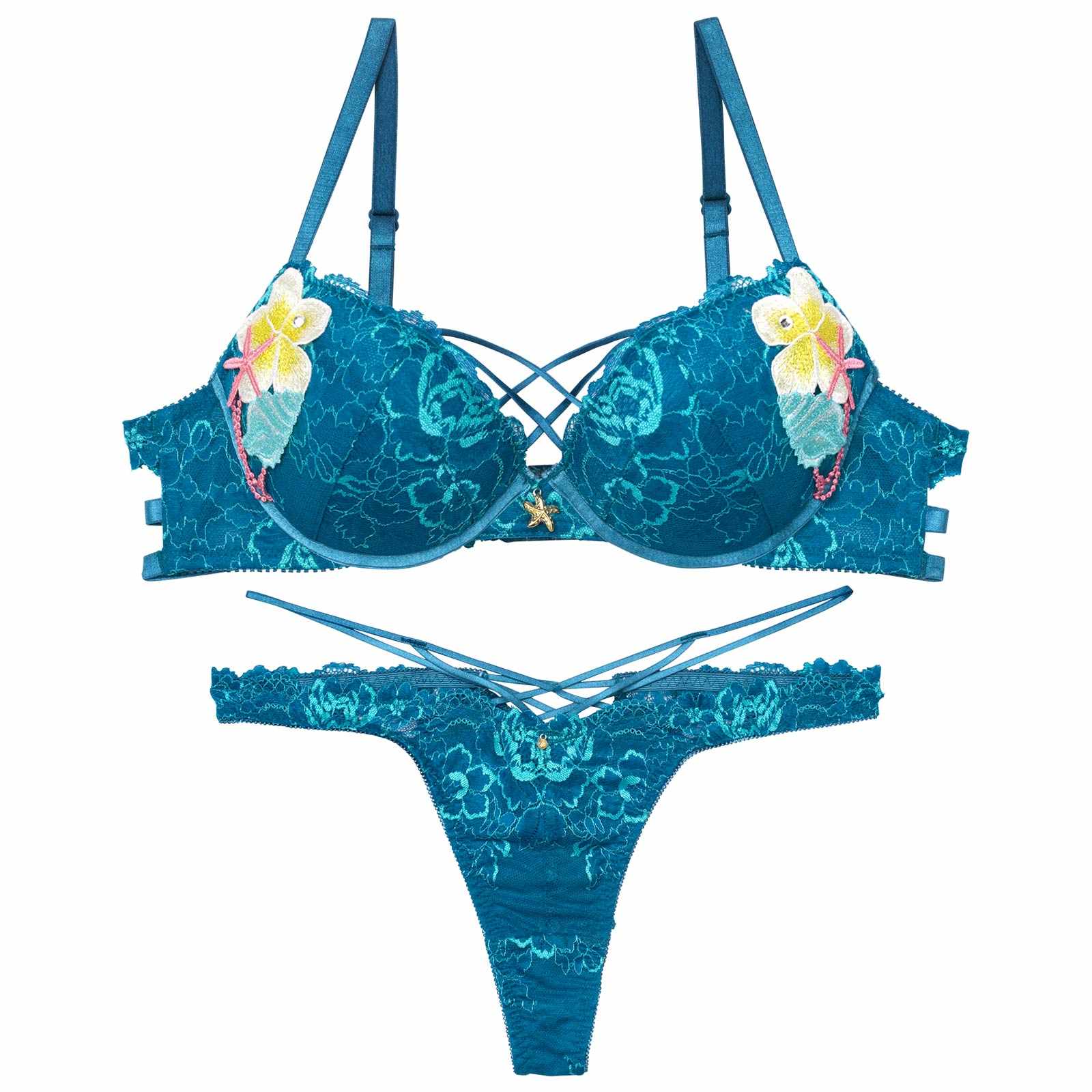 9/9再販!アクアオーシャンプルメリアブラジャー&バック透けTバックショーツ