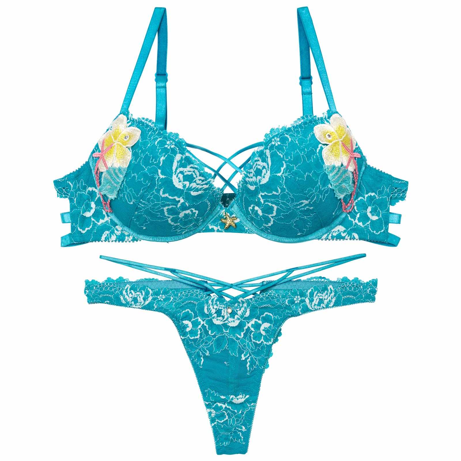 9/9再販!アクアオーシャンプルメリアブラジャー&バック透けTバックショーツ