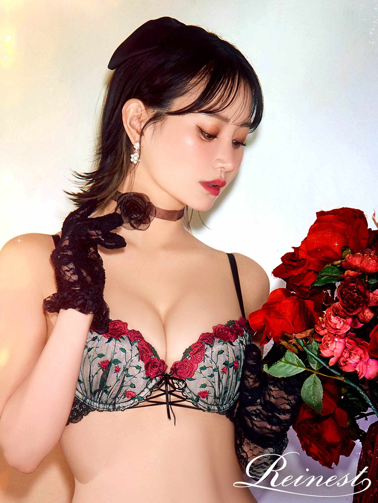 4/30新作!【Reinest】クラシックローズブーケブラジャー&バック透けフルバックショーツ