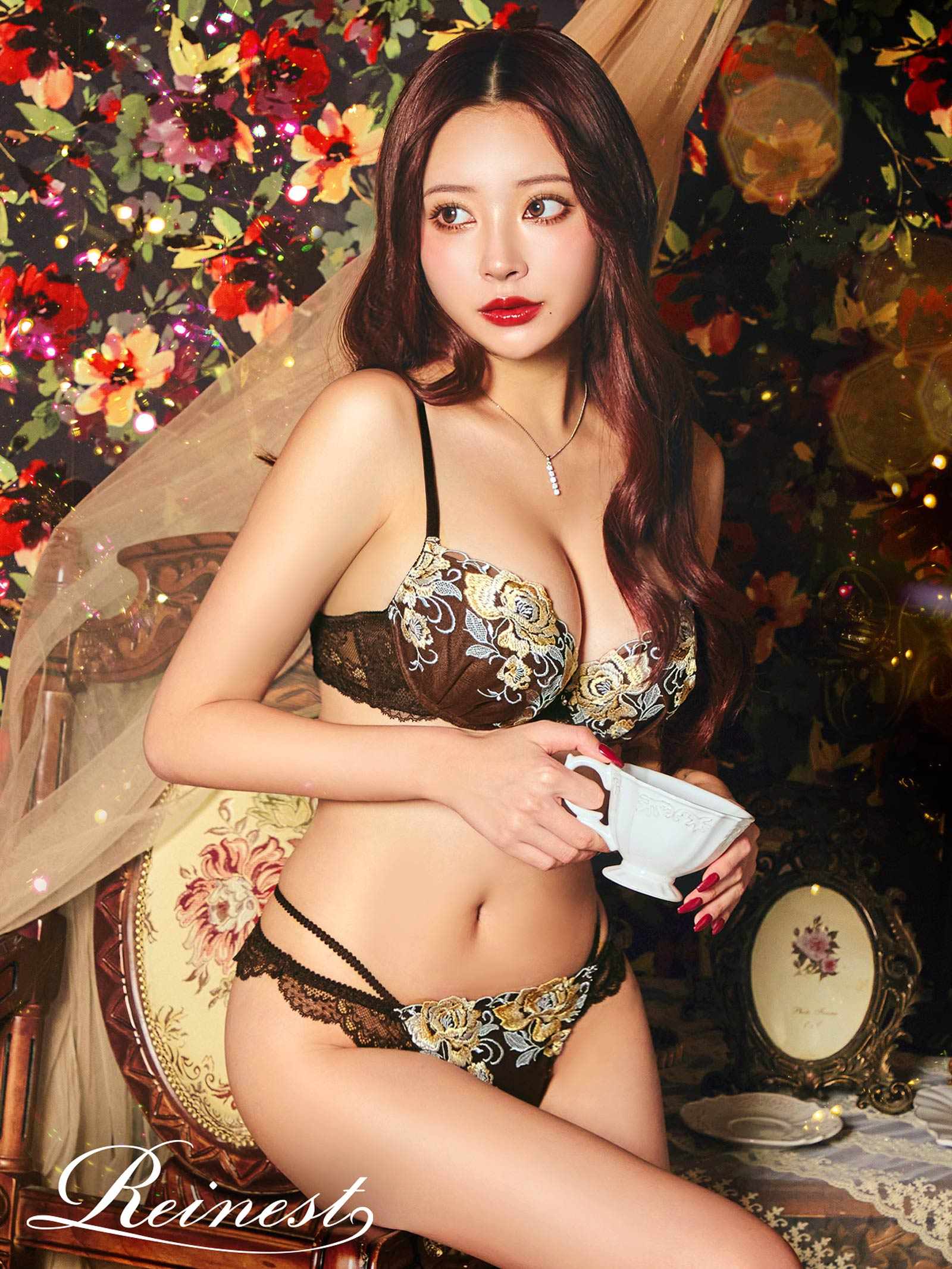 1/15新作!【Reinest】アンティークモダンローズブラジャー&バック透けフルバックショーツ