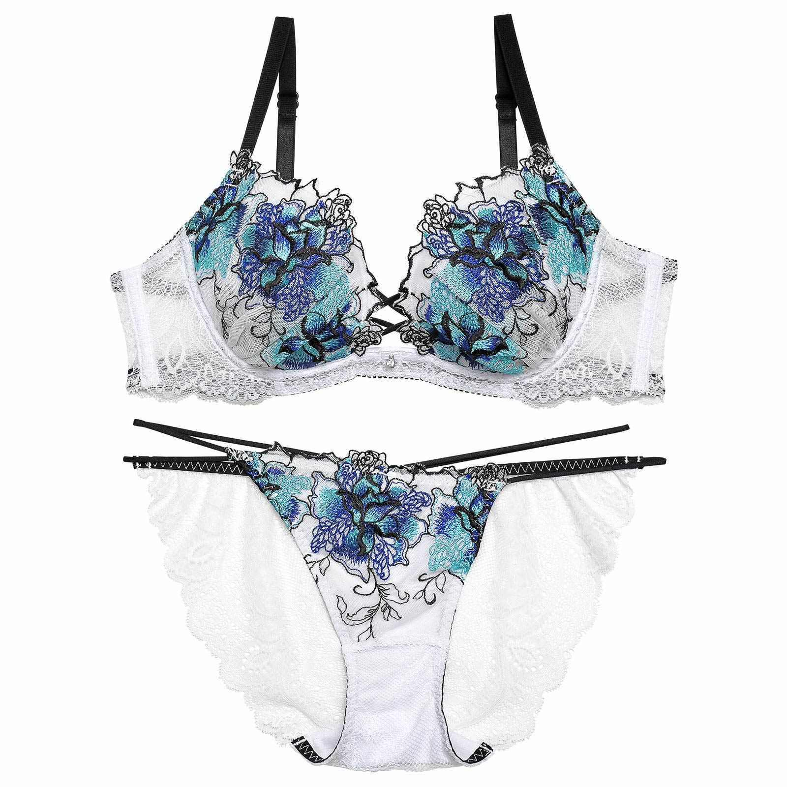 11/18再販!ファブリックレースアップフラワーブラジャー&バック透けフルバックショーツ