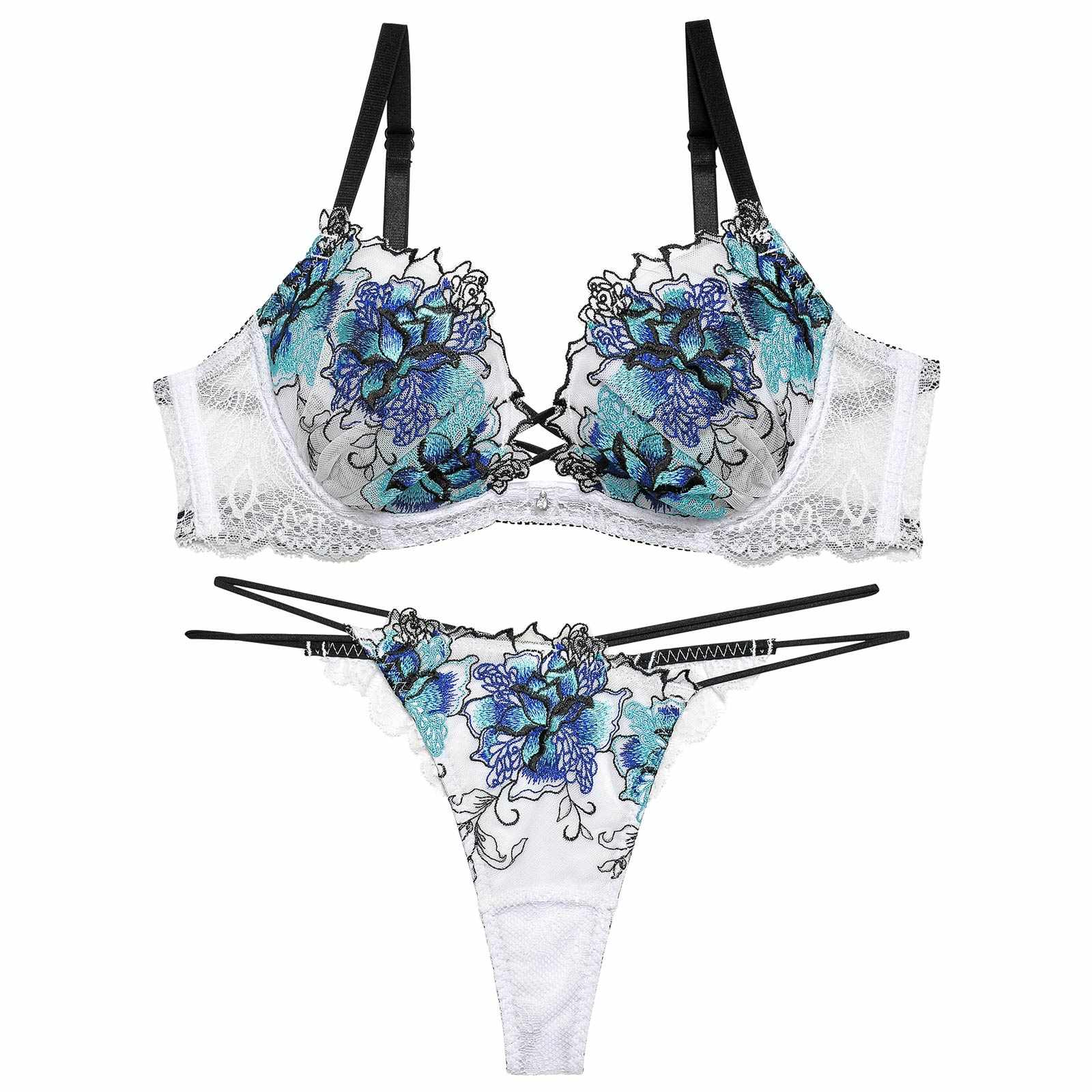 11/18再販!ファブリックレースアップフラワーブラジャー&バック透けTバックショーツ