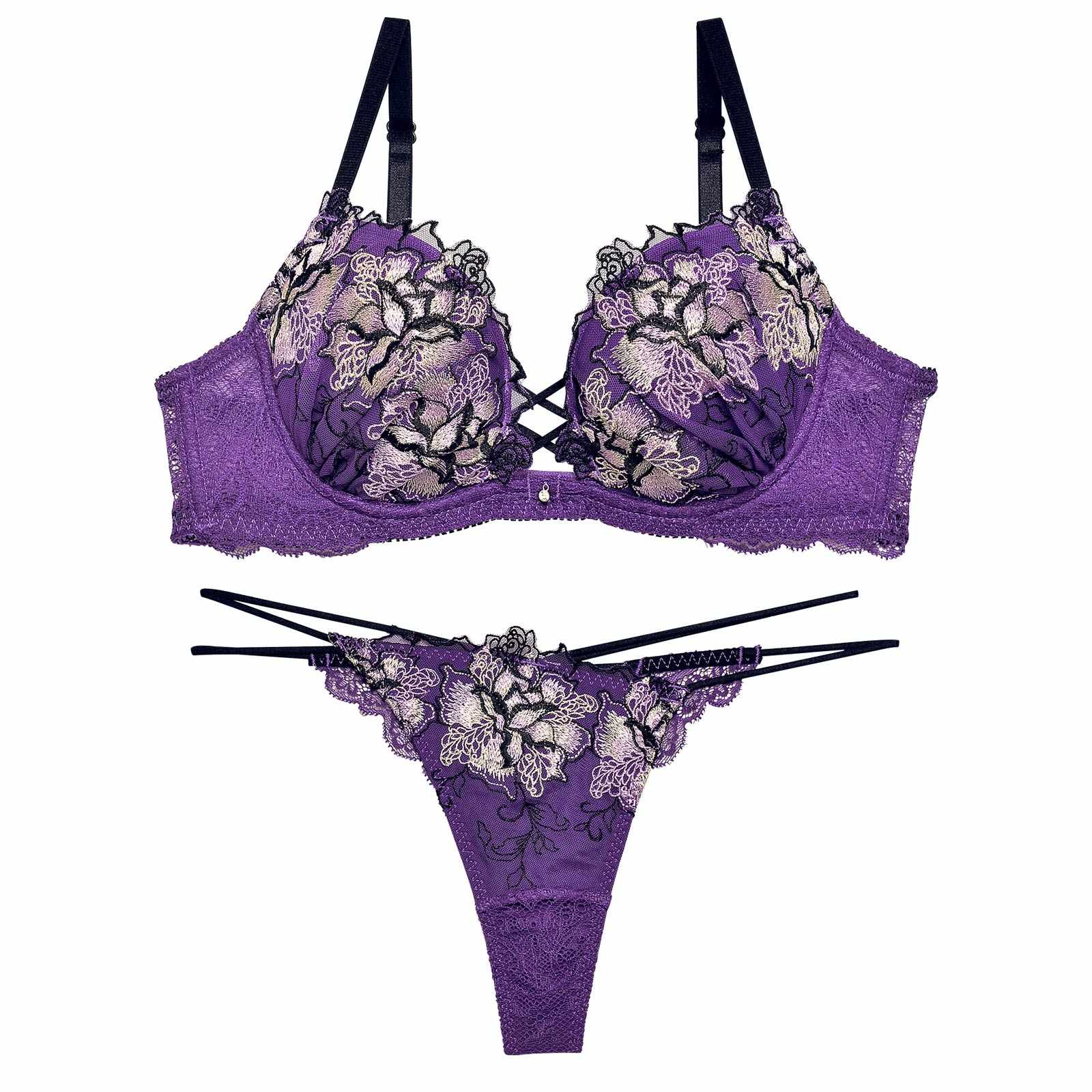 11/18再販!ファブリックレースアップフラワーブラジャー&バック透けTバックショーツ