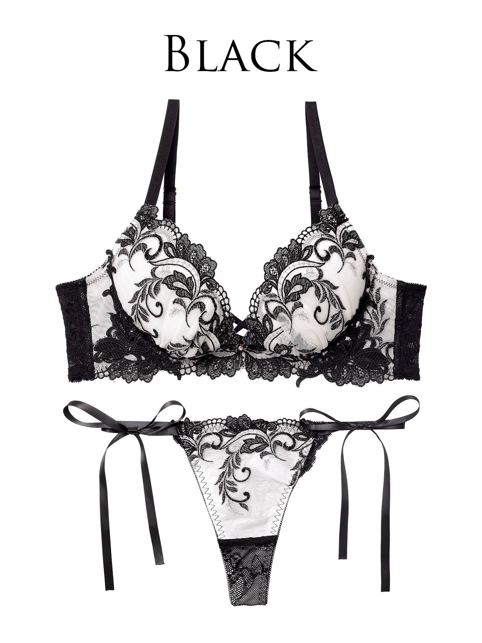 12/9再販!バロックリーフエンブロイダリーブラジャー&サイド紐バック透けTバックショーツ