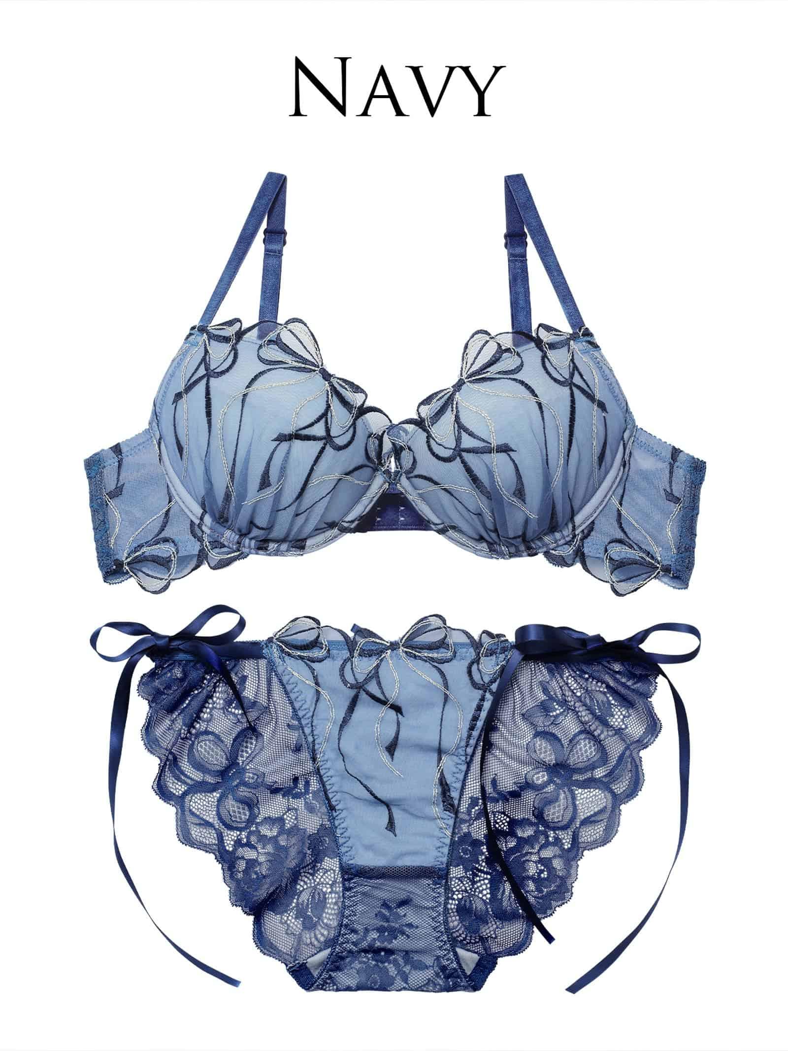 2/25新作!メロウリボンレースブラジャー&サイド紐バック透けフルバックショーツ