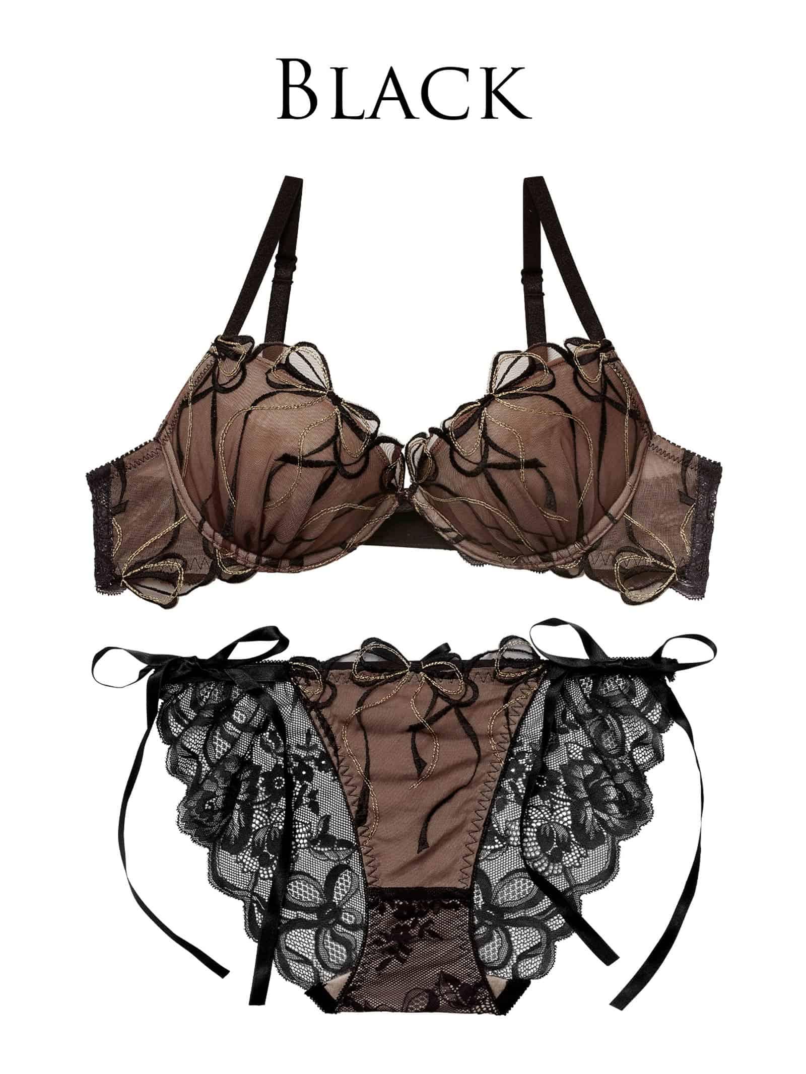 2/25新作!メロウリボンレースブラジャー&サイド紐バック透けフルバックショーツ
