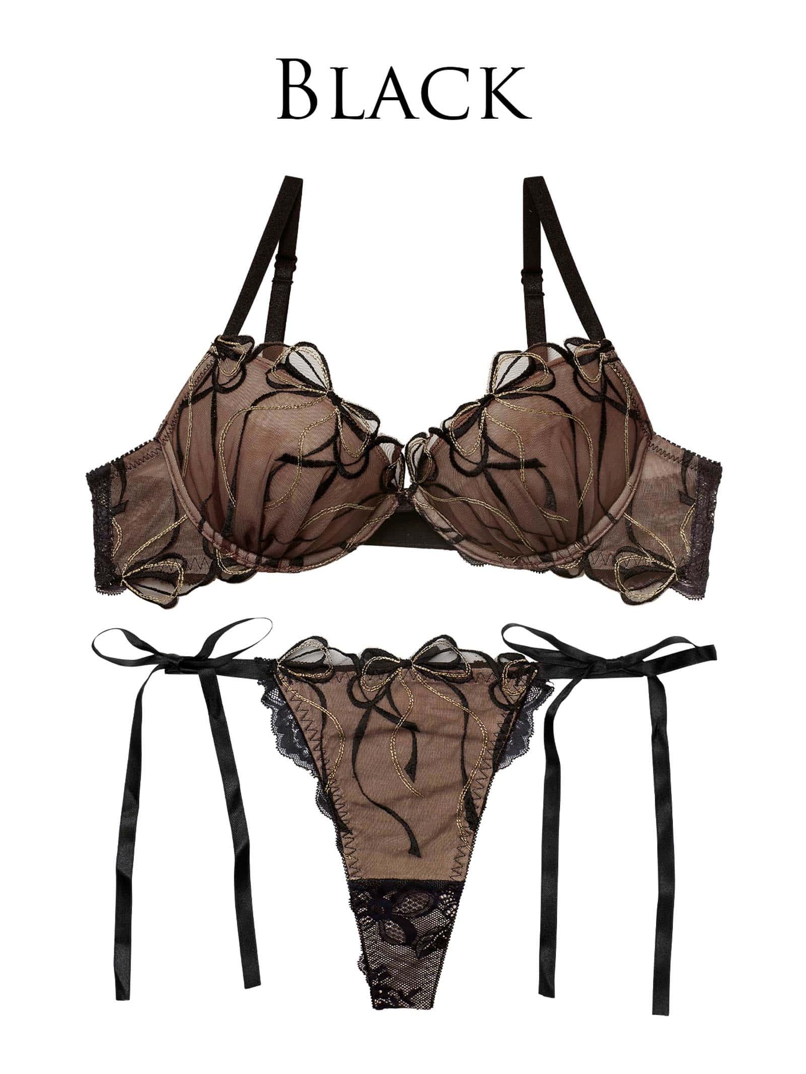 2/25新作!メロウリボンレースブラジャー&サイド紐バック透けTバックショーツ