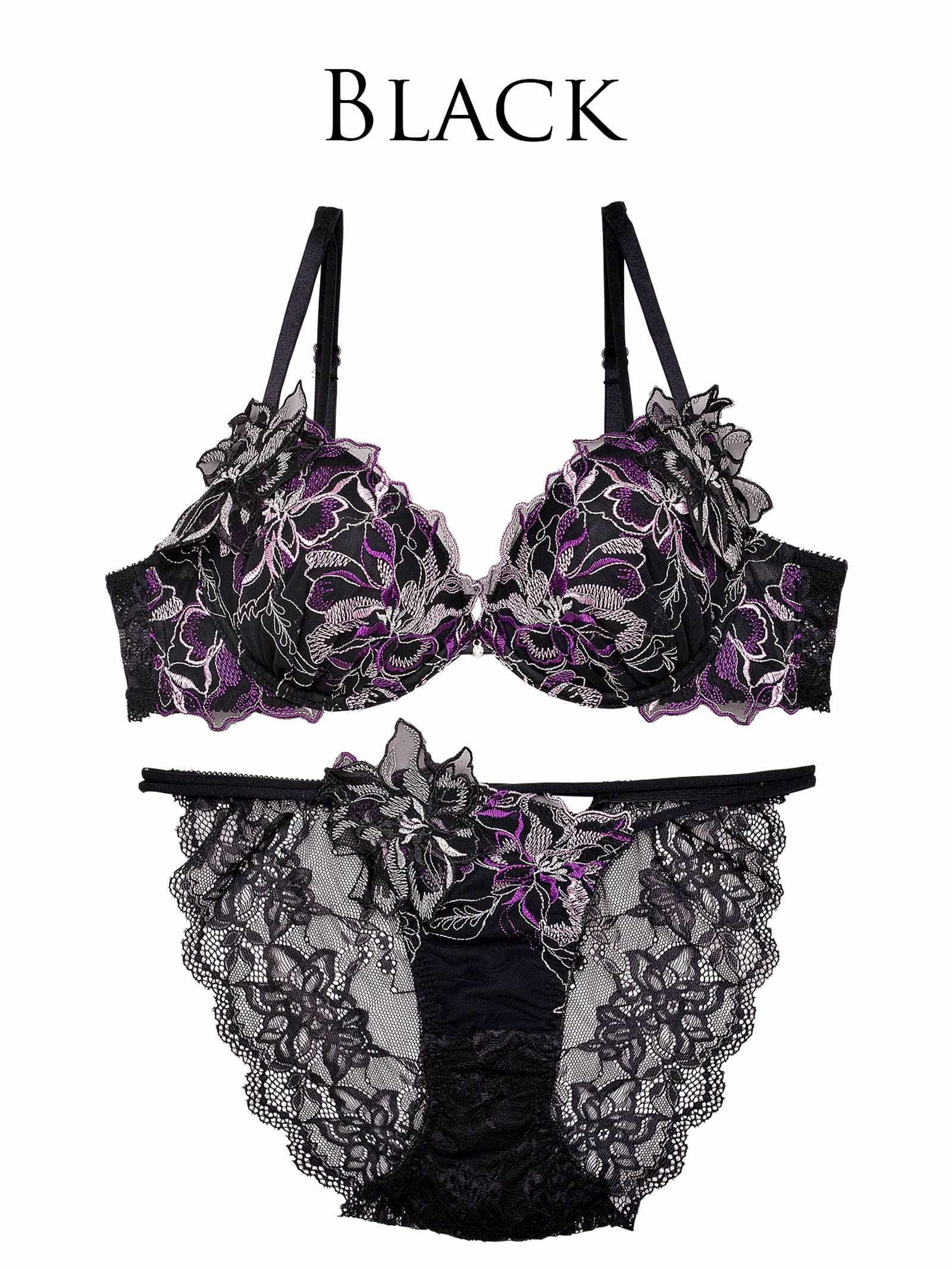 【Reinest】グラマーペタルエンブロイダリーブラジャー&バック透けフルバックショーツ