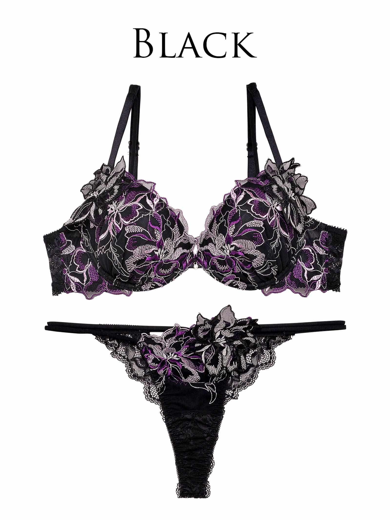 グラマーペタルエンブロイダリーブラジャー&バック透けTバックショーツ