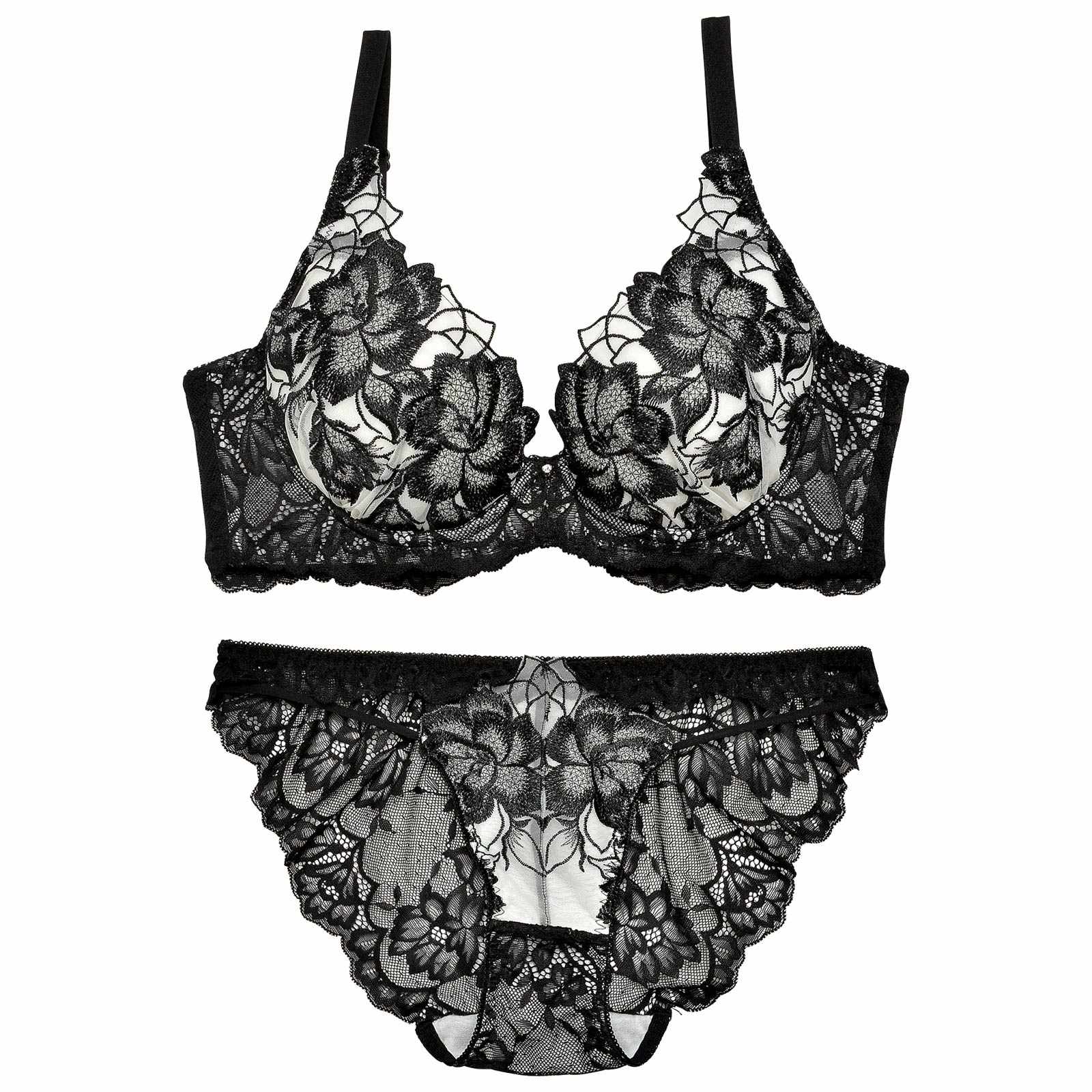 11/5再販!グリッターフルールエンブロイダリー育乳脇高★魔法のブラジャー&バック透けフルバックショーツ