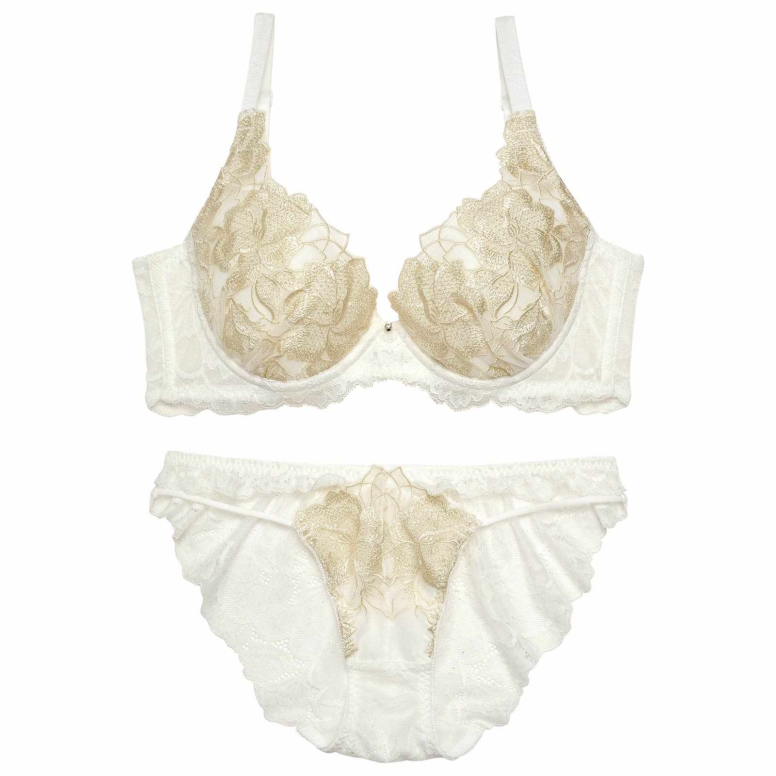 11/5再販!グリッターフルールエンブロイダリー育乳脇高★魔法のブラジャー&バック透けフルバックショーツ