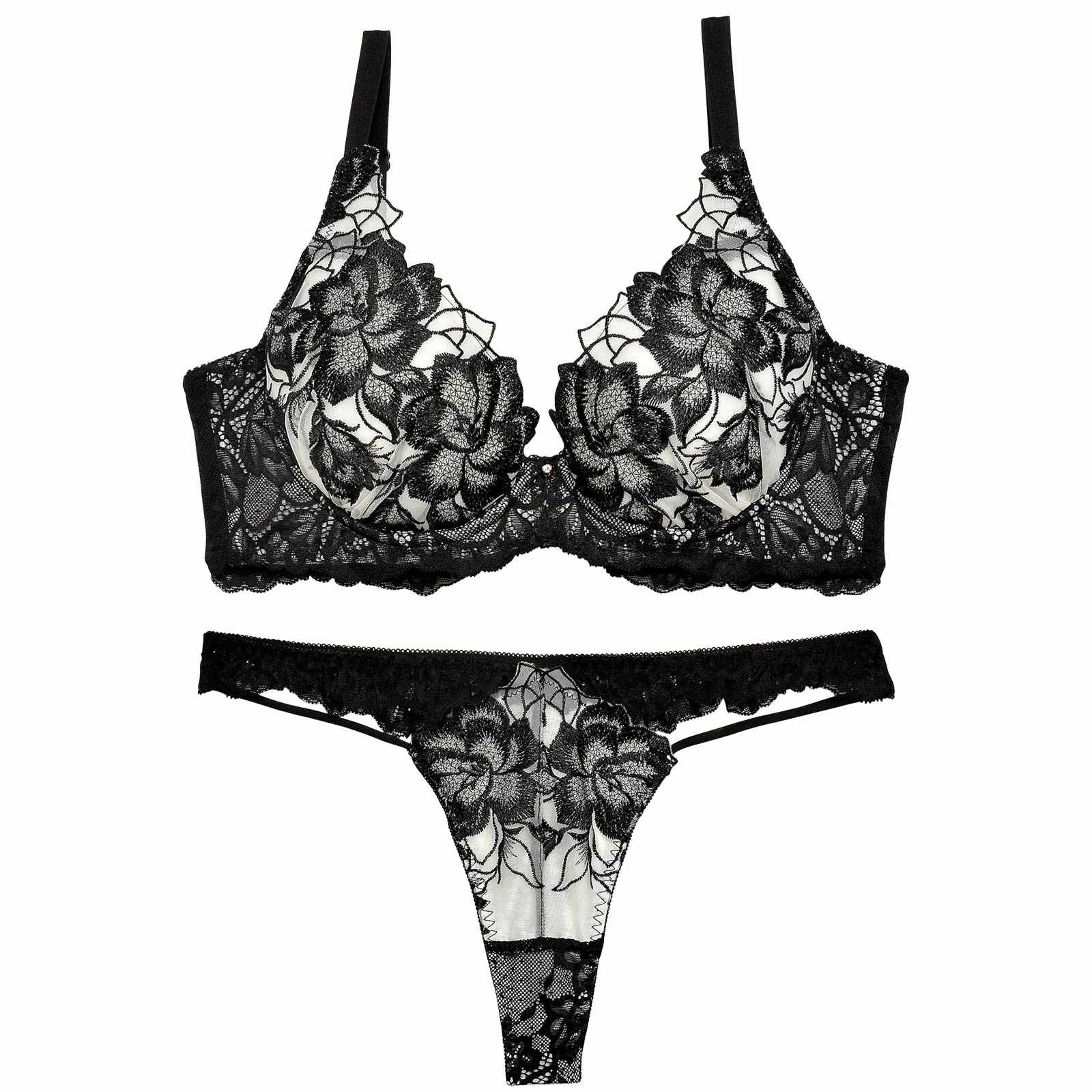 11/5再販!グリッターフルールエンブロイダリー育乳脇高★魔法のブラジャー&バック透けTバックショーツ