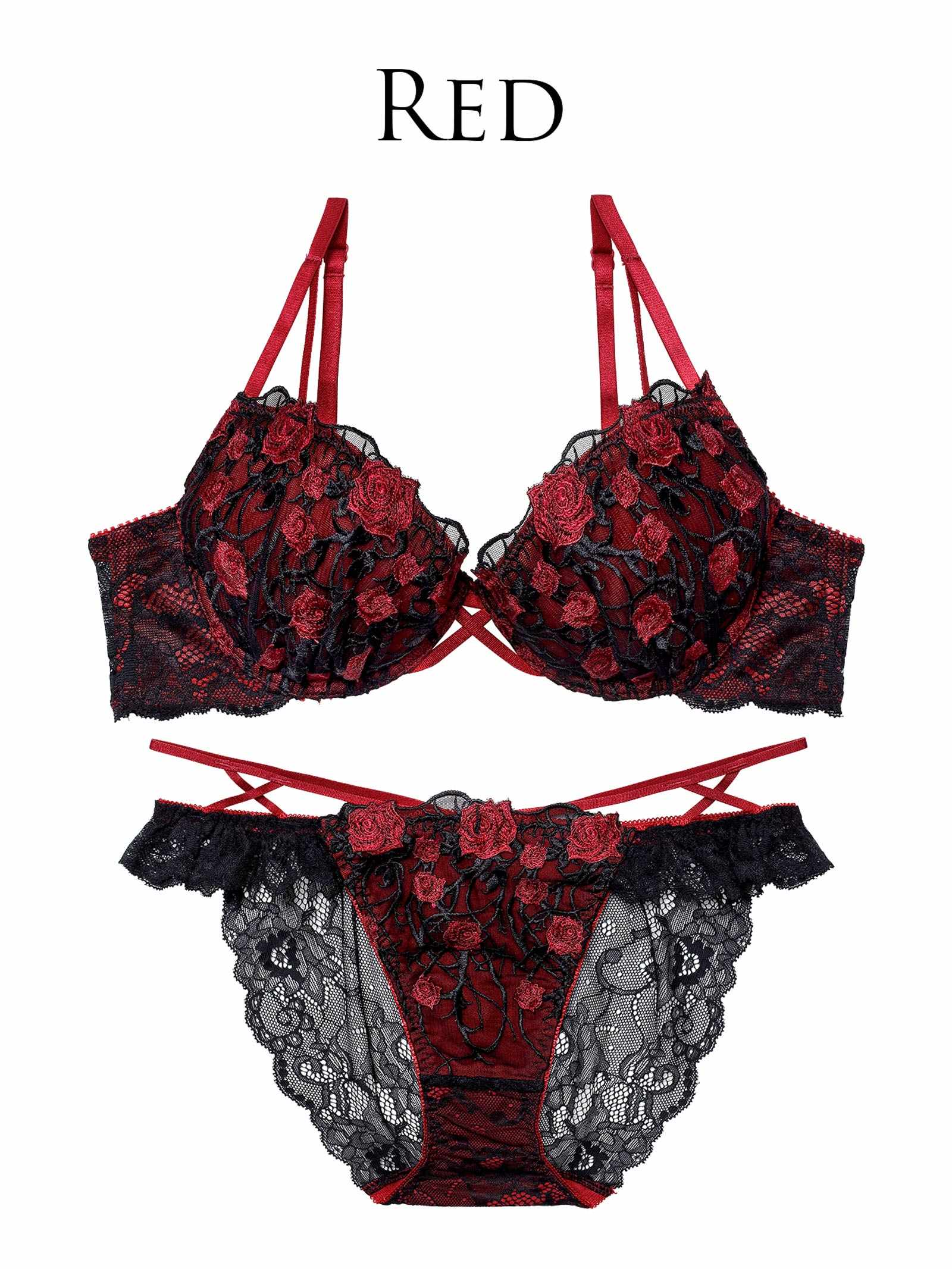 1/23新作!ミッドナイトローズクロスコードブラジャー&バック透けフルバックショーツ