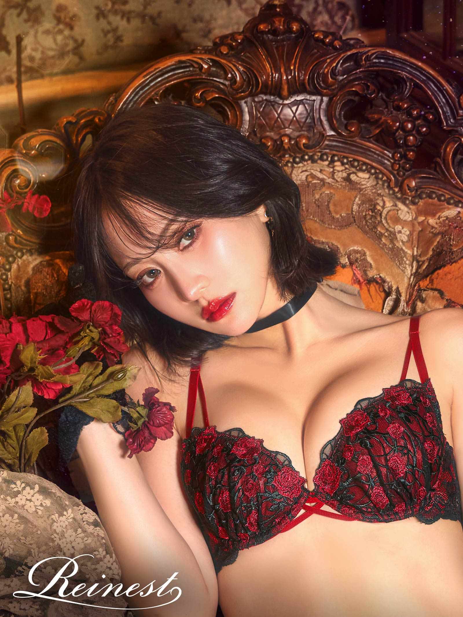 1/23新作!ミッドナイトローズクロスコードブラジャー&バック透けTバックショーツ