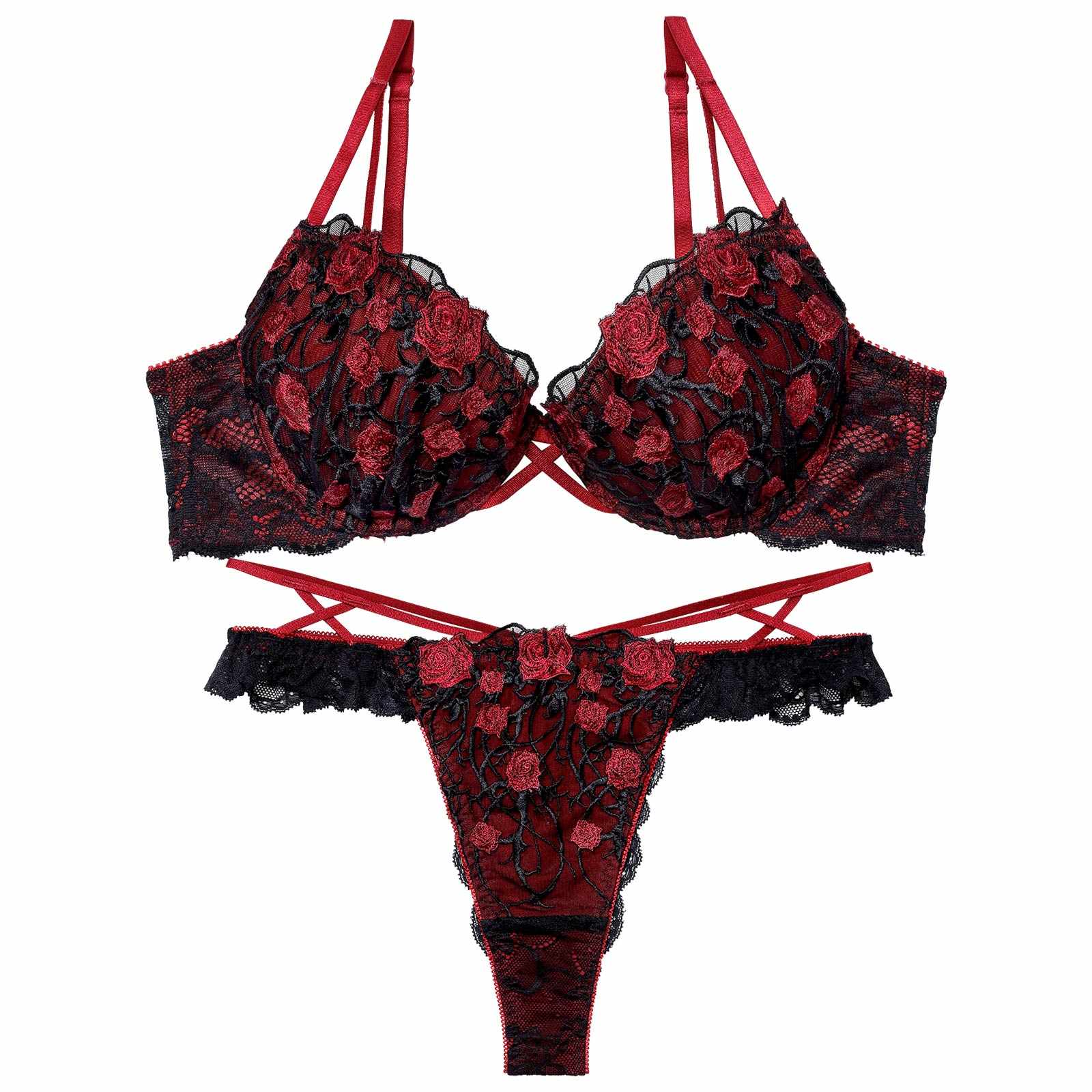 1/23新作!ミッドナイトローズクロスコードブラジャー&バック透けTバックショーツ