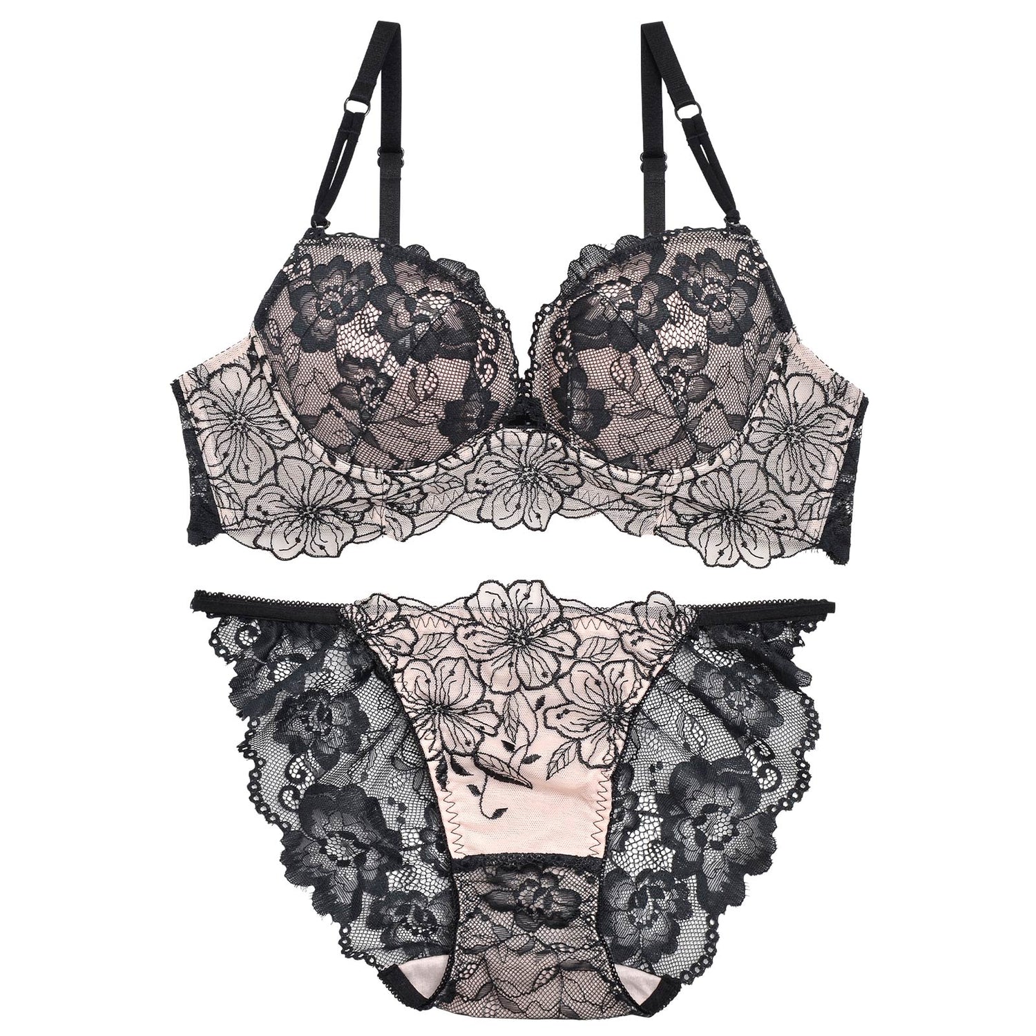 12/23再販!SEXYレース花柄ブラジャー&amp;バック透けフルバックショーツ