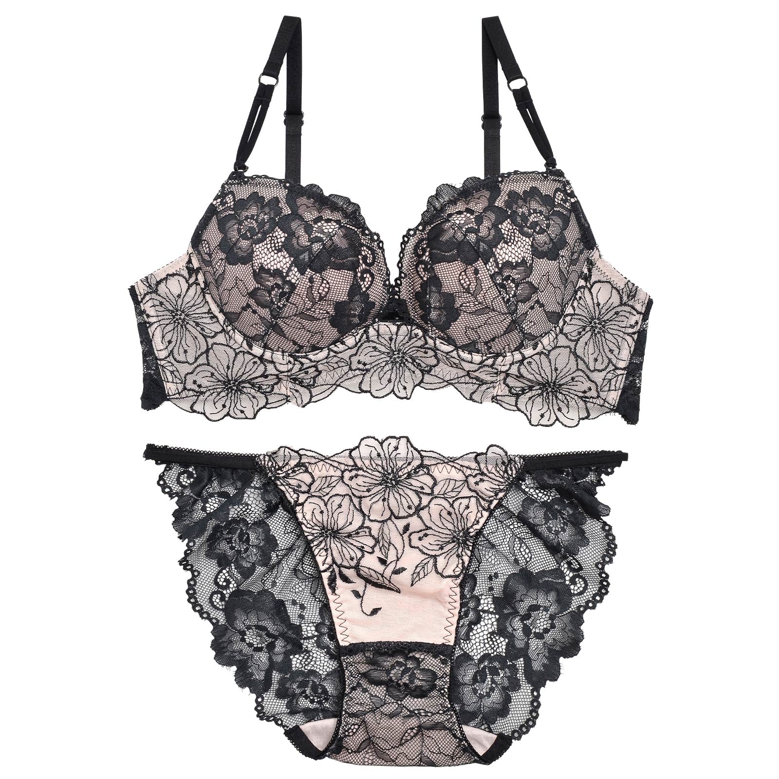12/23再販!SEXYレース花柄ブラジャー&amp;バック透けフルバックショーツ