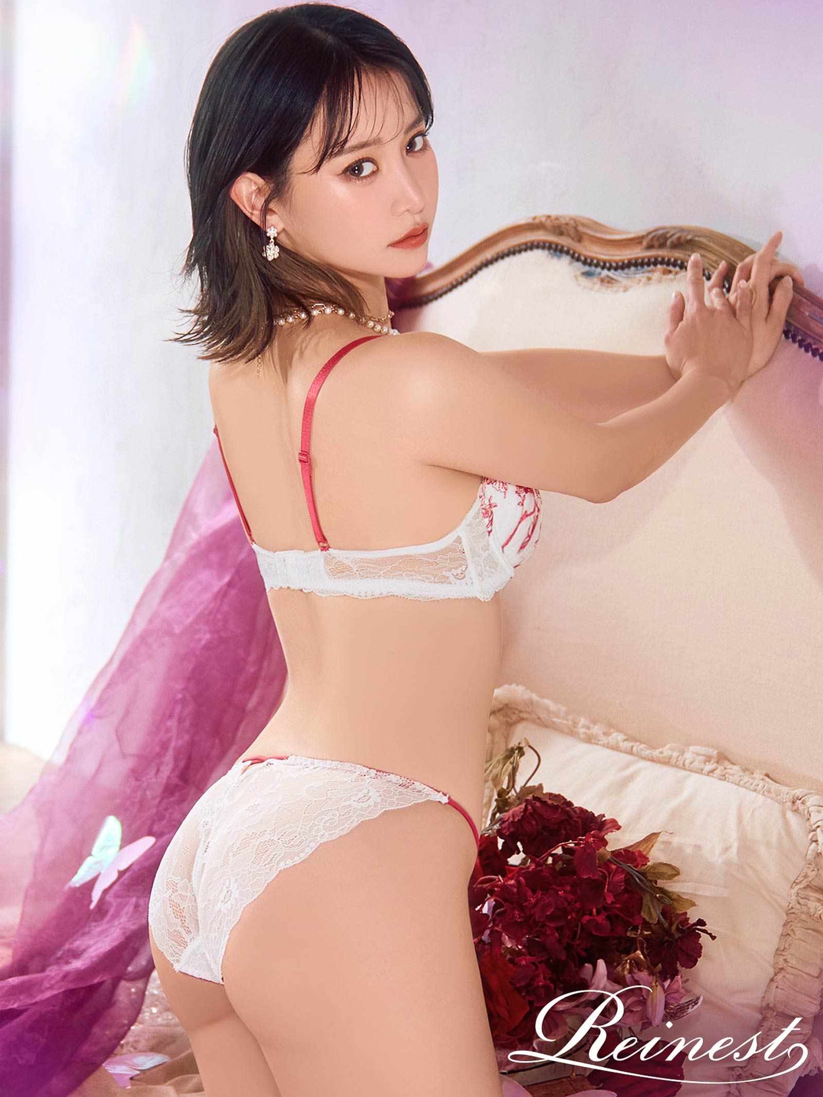 4/23新作!【永尾まりや着用】【Reinest】ノーブルバタフライローズブラジャー&amp;バック透けフルバックショーツ