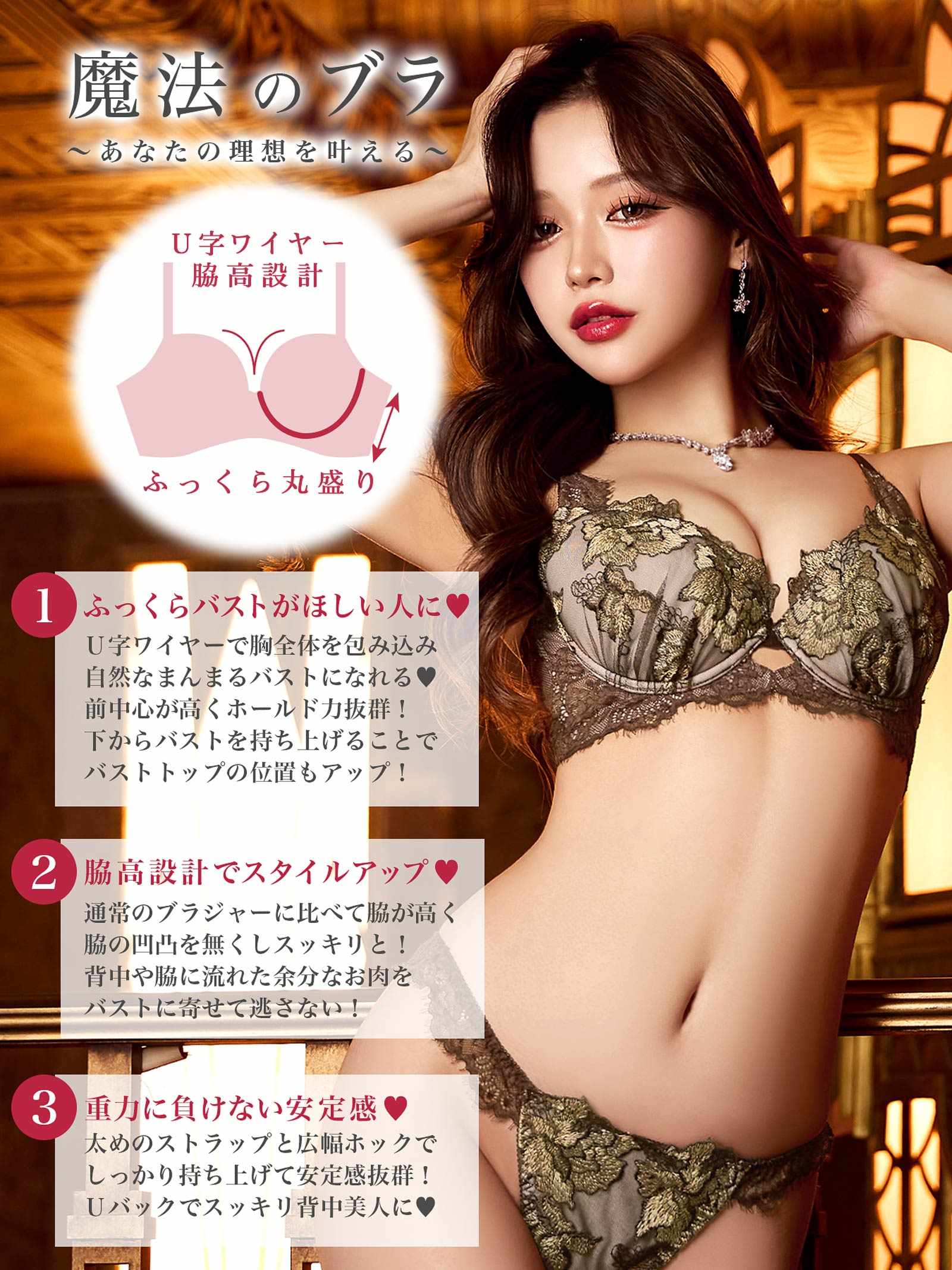 12/19新作!シャルムローズレース育乳脇高★魔法のブラジャー&amp;バック透けフルバックショーツ