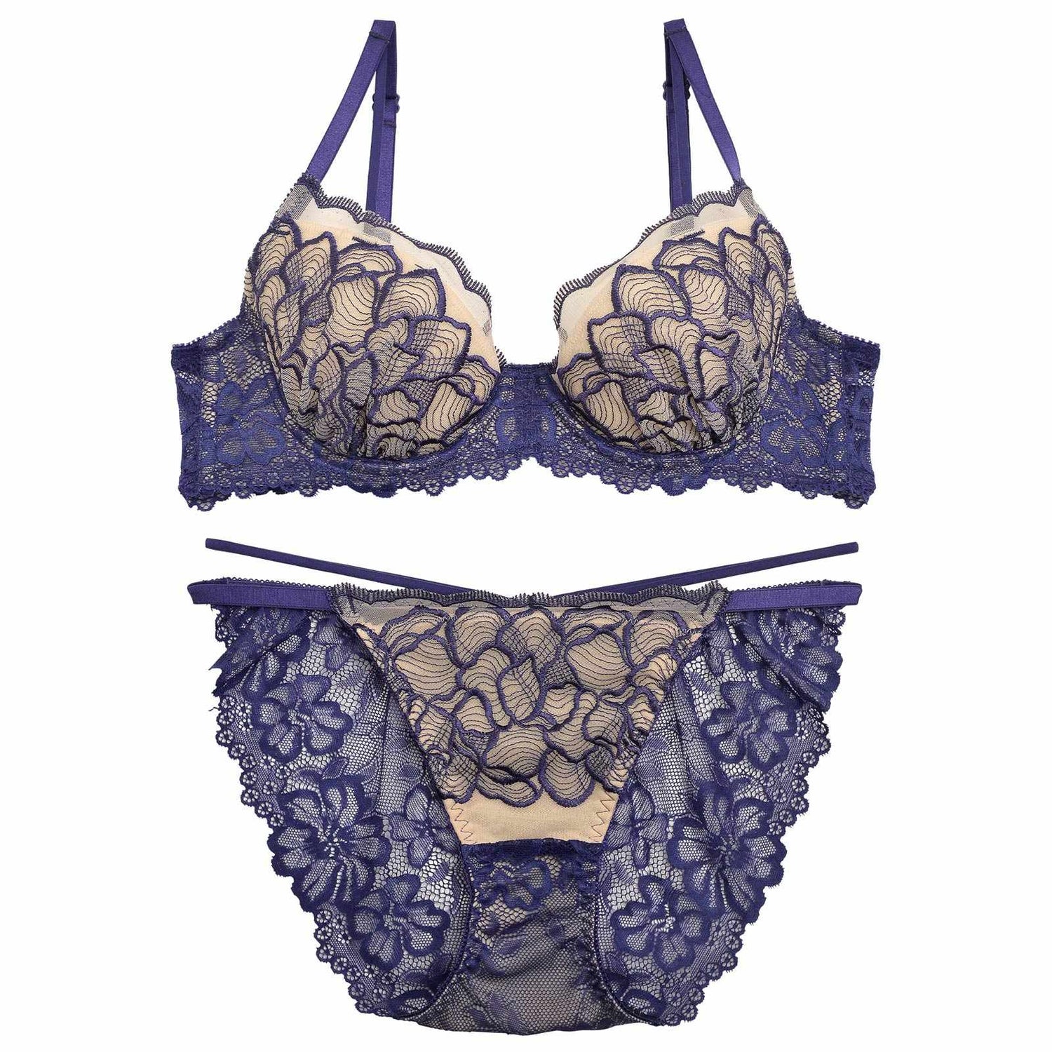 ブリリアントフラワーペタルブラジャー&amp;バック透けフルバックショーツ