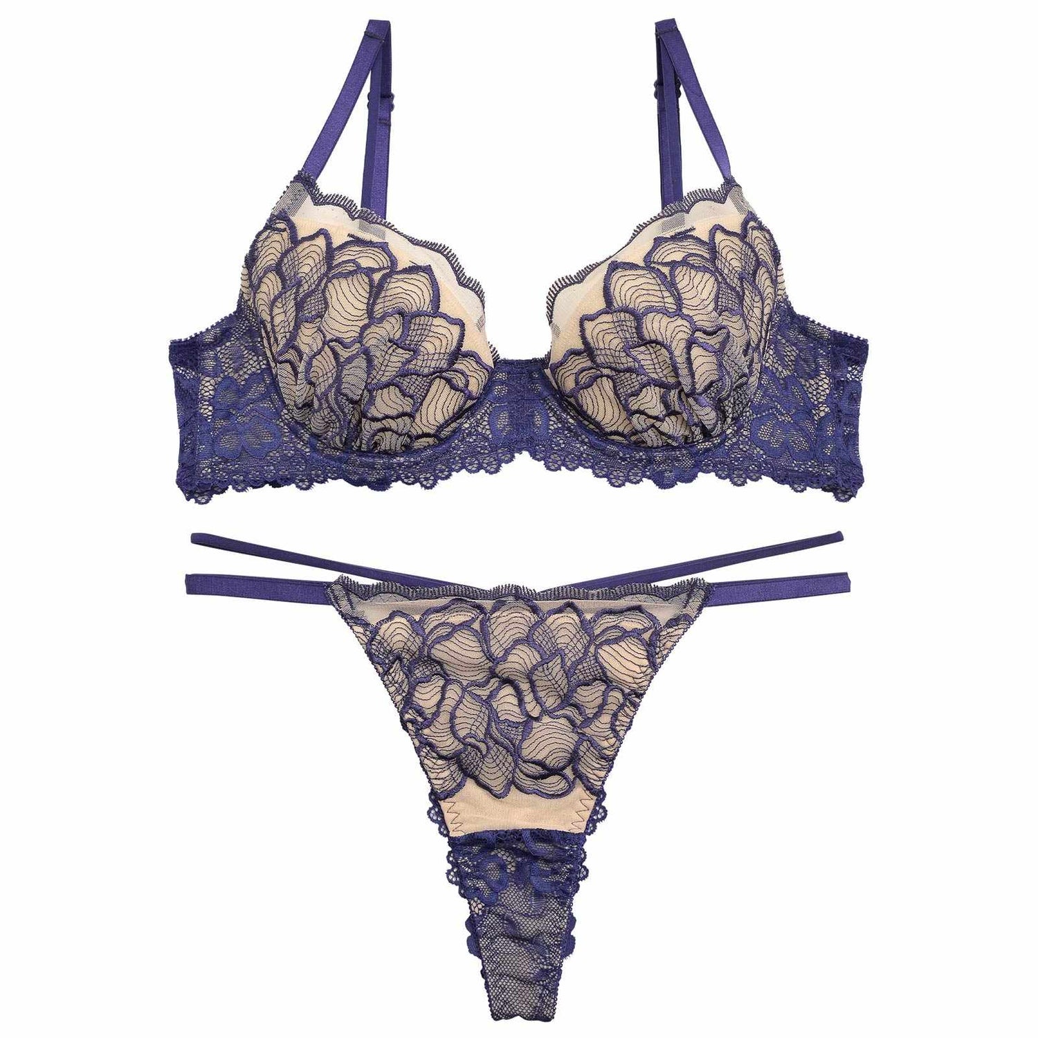 ブリリアントフラワーペタルブラジャー&amp;バック透けTバックショーツ
