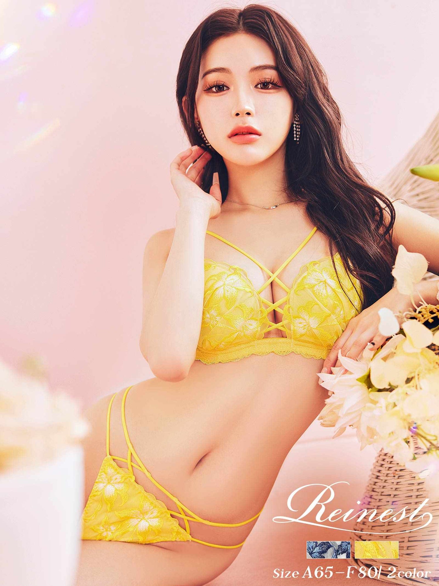 【Reinest】グラマーレースアップリリーブラジャー&amp;バック透けフルバックショーツ