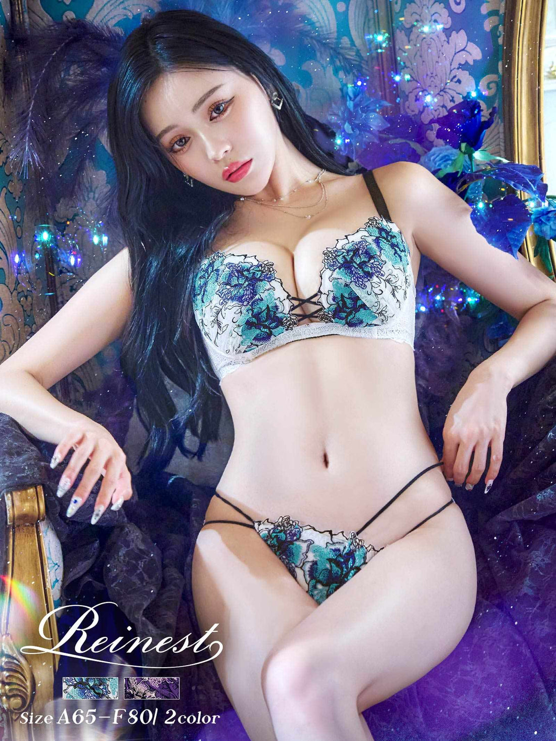 10/21新作!【Reinest】ファブリックレースアップフラワーブラジャー&amp;バック透けフルバックショーツ