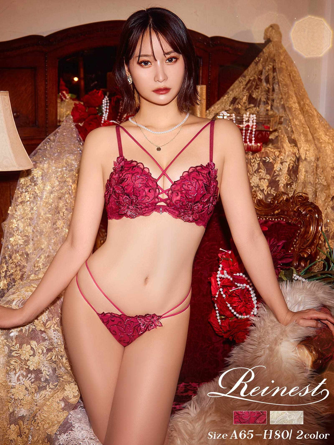 レーヴブロッサムレースアップブラジャー&amp;バック透けフルバックショーツ