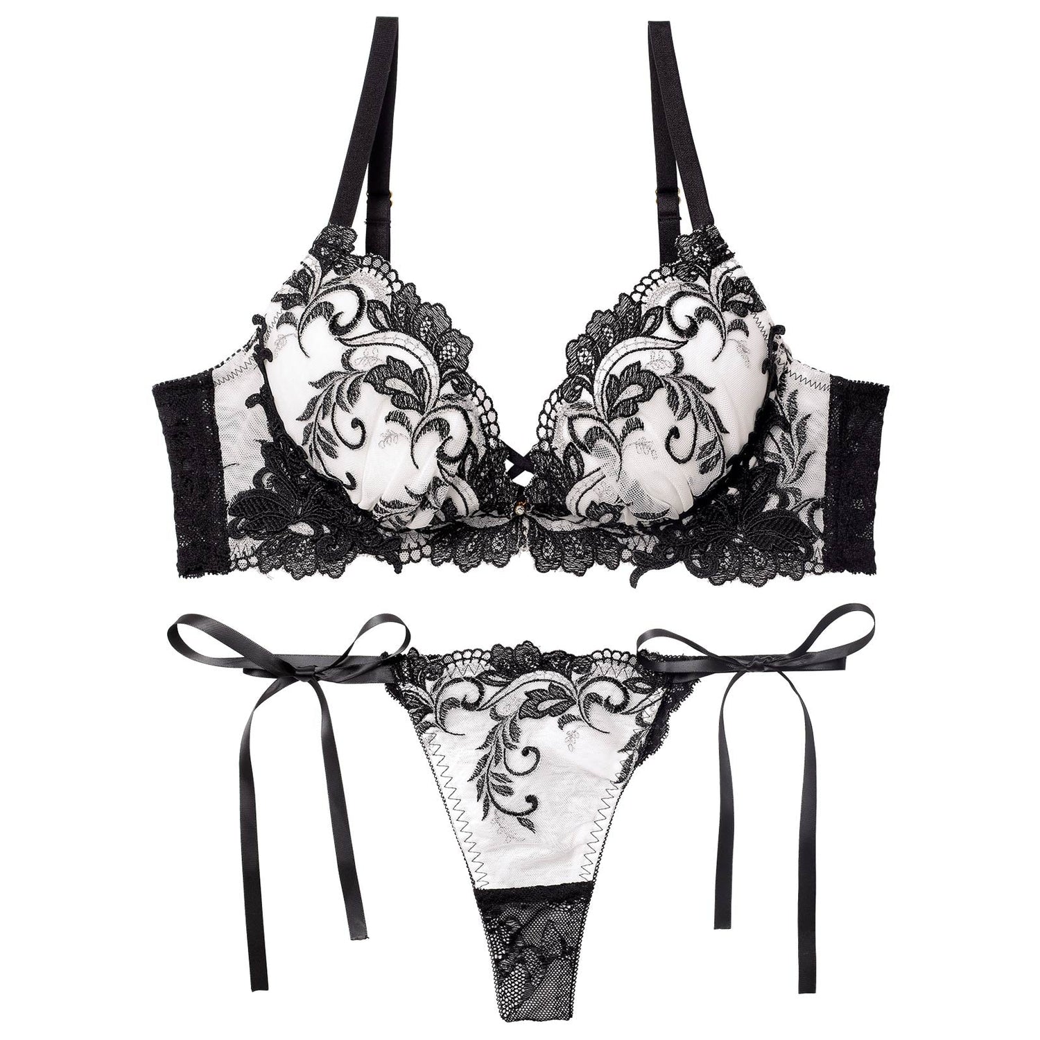 12/9再販!バロックリーフエンブロイダリーブラジャー&amp;サイド紐バック透けTバックショーツ
