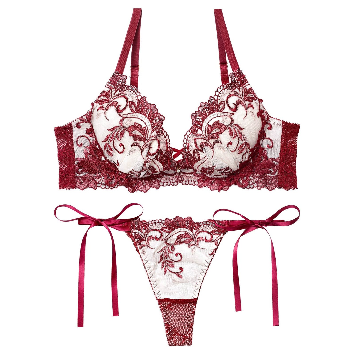 12/9再販!バロックリーフエンブロイダリーブラジャー&amp;サイド紐バック透けTバックショーツ
