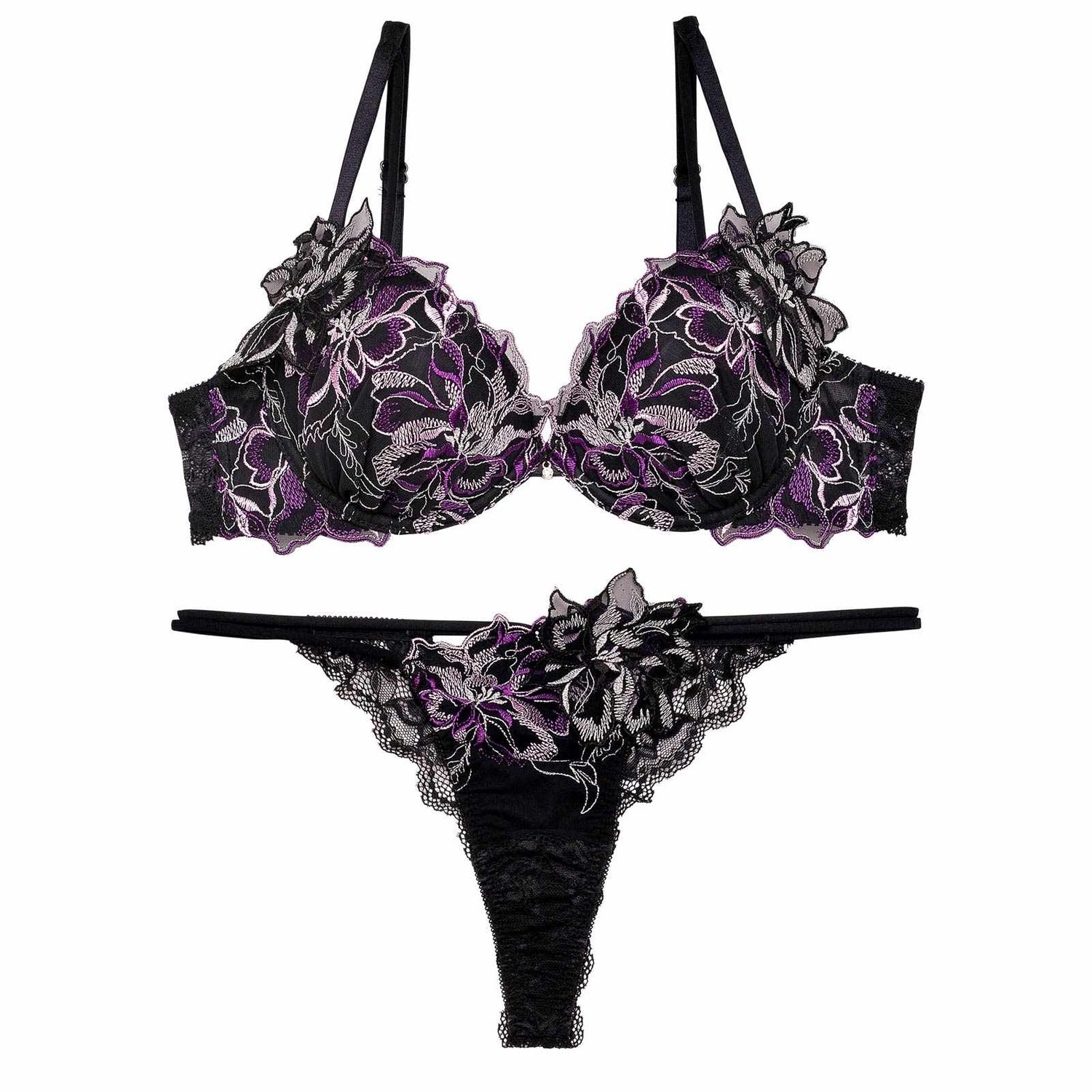 10/28再販!グラマーペタルエンブロイダリーブラジャー&amp;バック透けTバックショーツ