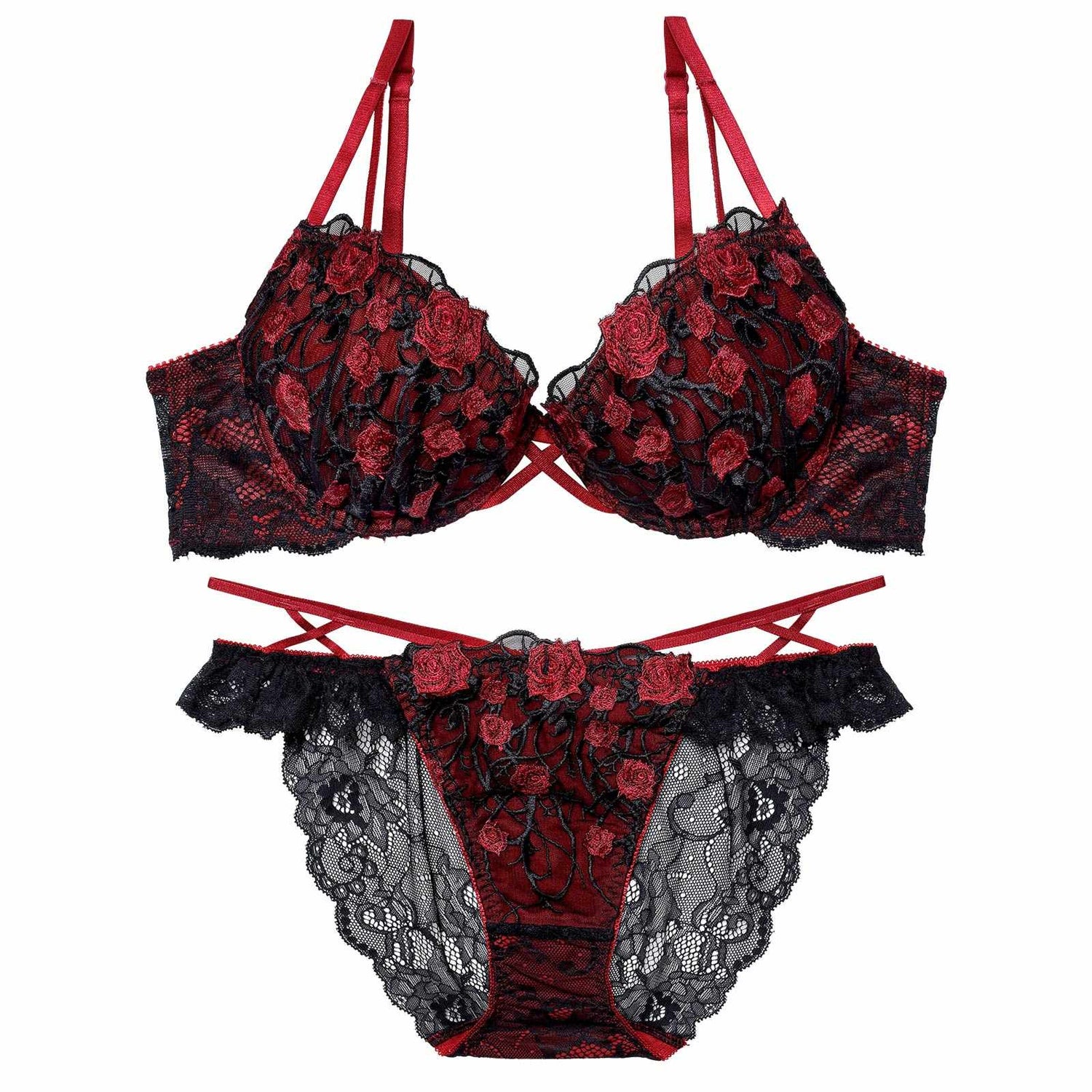 1/23新作!ミッドナイトローズクロスコードブラジャー&amp;バック透けフルバックショーツ