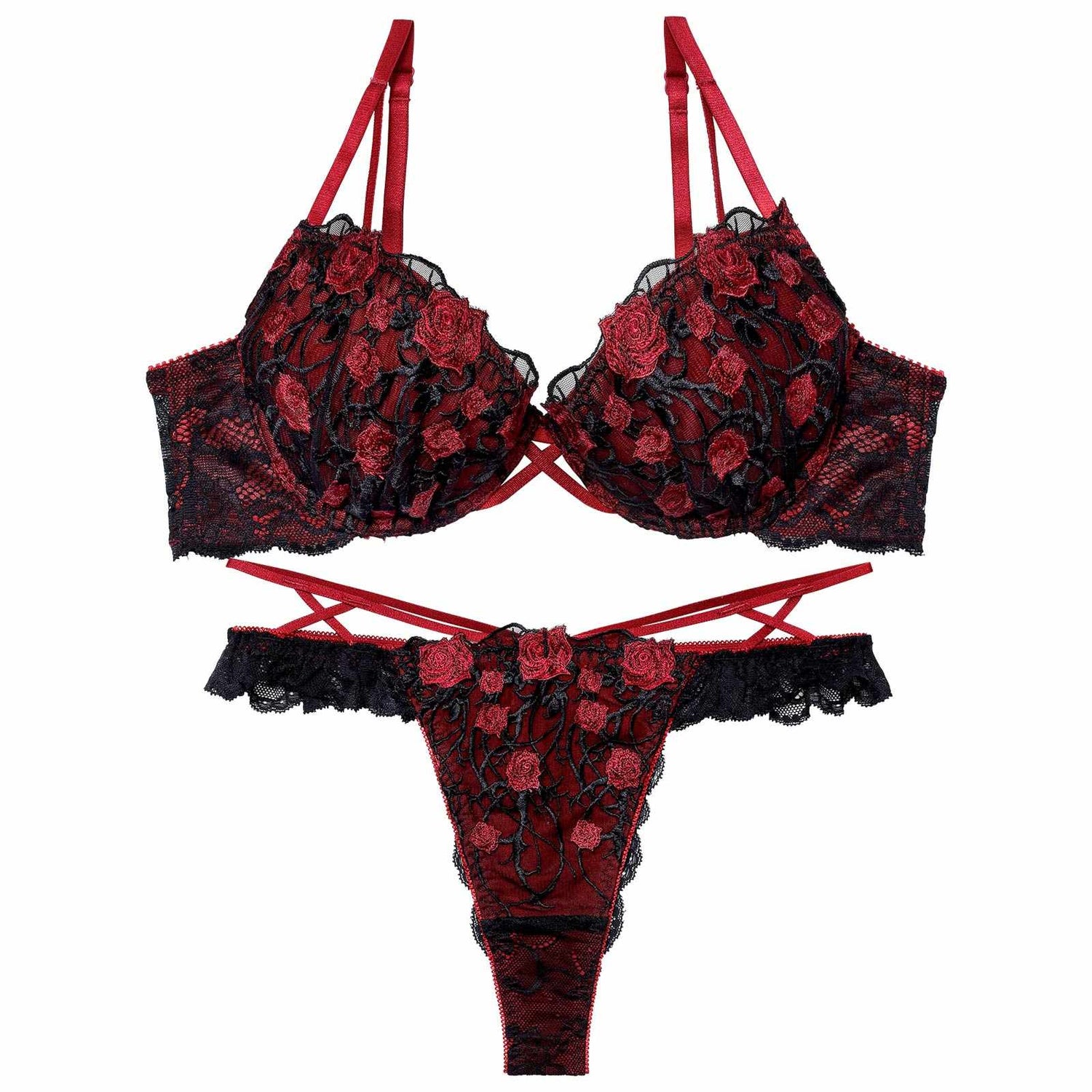 1/23新作!ミッドナイトローズクロスコードブラジャー&amp;バック透けTバックショーツ